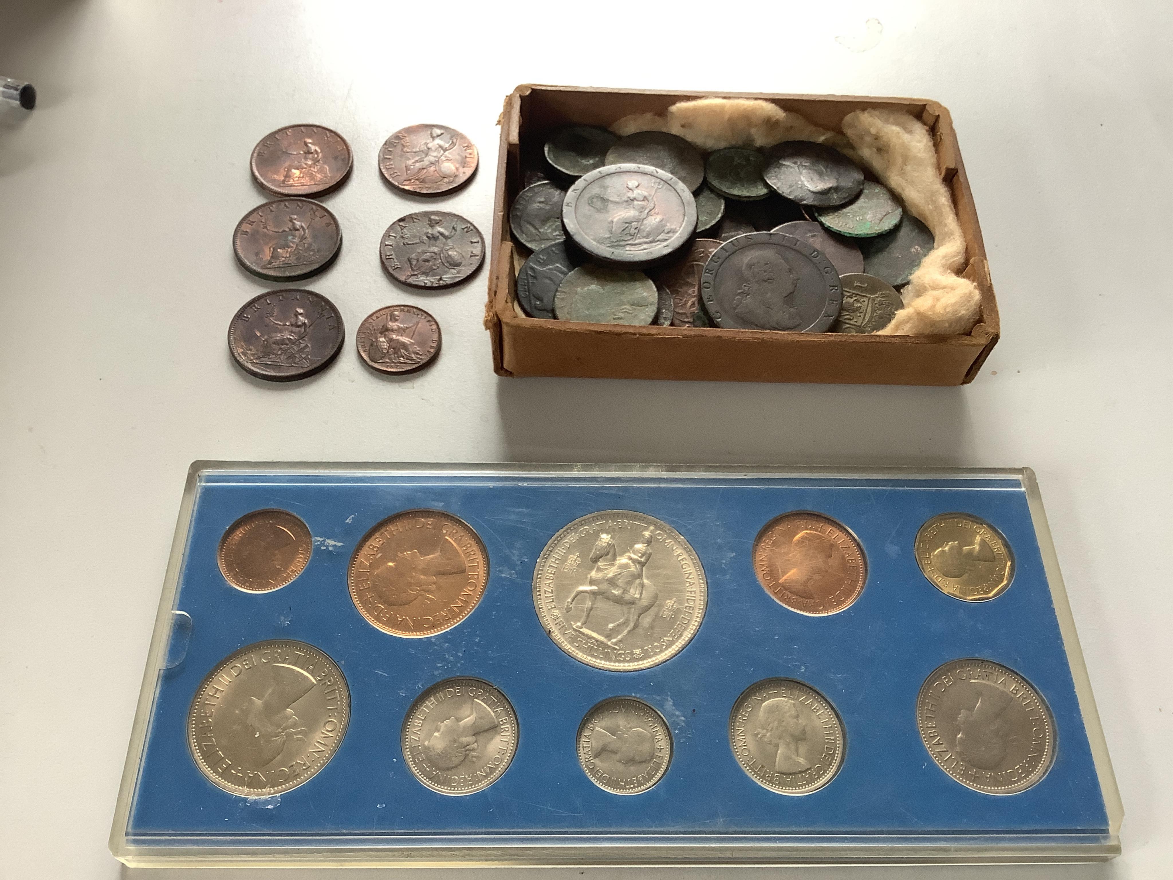 British coins, George II to QEII, including brilliant uncirculated coronation coin set, 1953 and various copper coins; halfpennies 1743, 1771, three 1807, farthing 1822 etc.